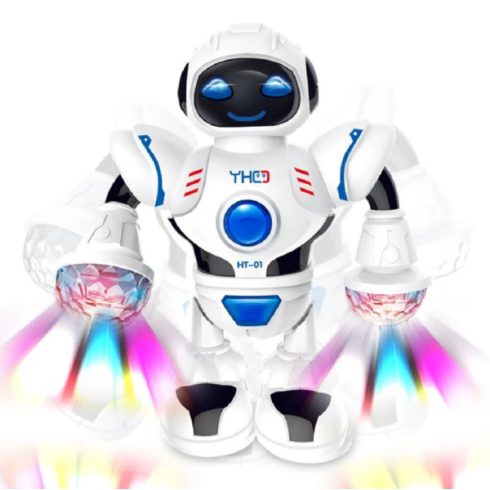 Táncoló, zenélő világító robot – karjában LED lámpákkal, forgó fénysugarakkal
