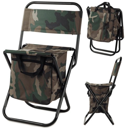 Összecsukható, terepmintás horgász szék beépített táskával és támlával
